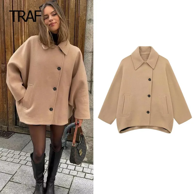 

TRAF Women Bomber Jacket Tweed Cropped Coat Autumn Winter Wool Coats & Mix Long Sleeve Top New In Outerwear Chic Elegant Jacket