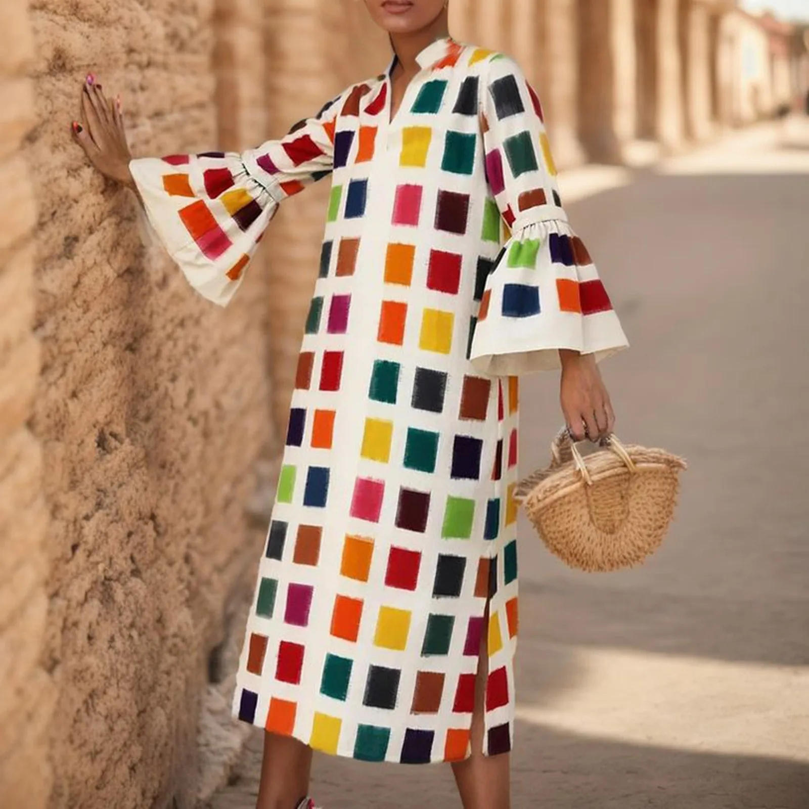 Women's new plaid long flared sleeve V-neck loose straight casual daily party dress Mother Dresses
Women's new plaid long flared sleeve V-neck loose straight casual daily party dress Mother Dresses