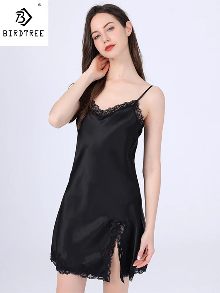 

Birdtree 16MM 100%Real Silk Nightgown for Women, Spaghetti Strap Lace, Sexy Pajama Dress, 2024 Spring New Sleepwear P42124QM