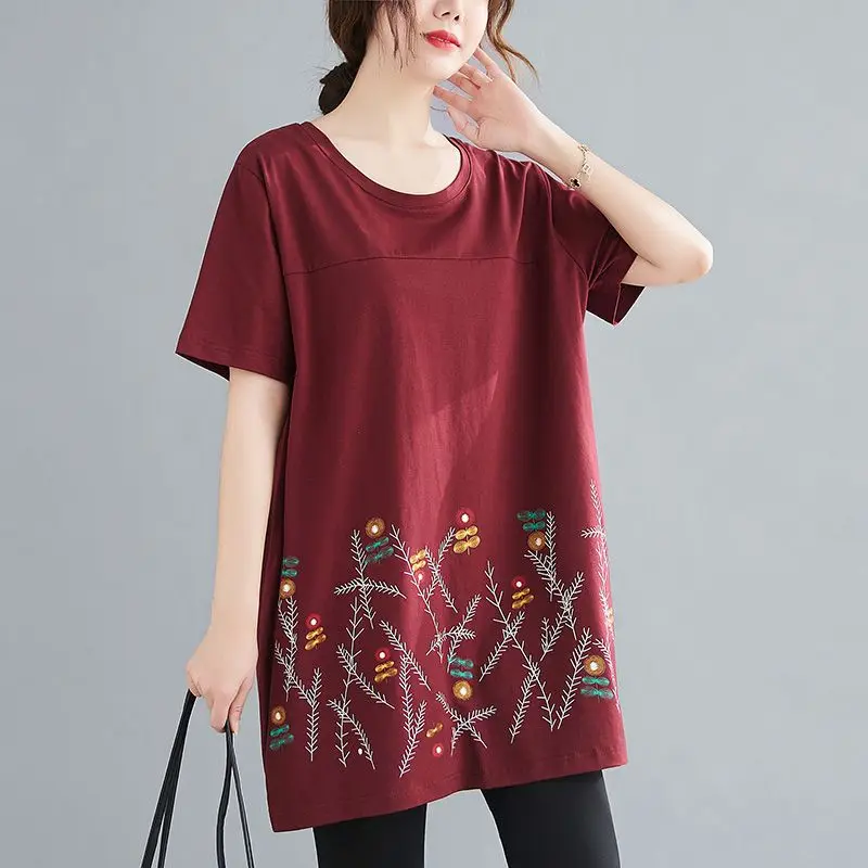 

Casual Loose O-Neck Pullovers Stylish Folk Printed 2024 Summer Short Sleeve Female Clothing Spliced All-match Oversized T-shirt