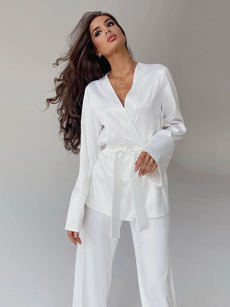 

Hiloc Elegant White Trouser Suits Flare Long Sleeves Women Pajama Home Suit Loose Kimono Robe Sets Satin Pajamas With Pants 2022