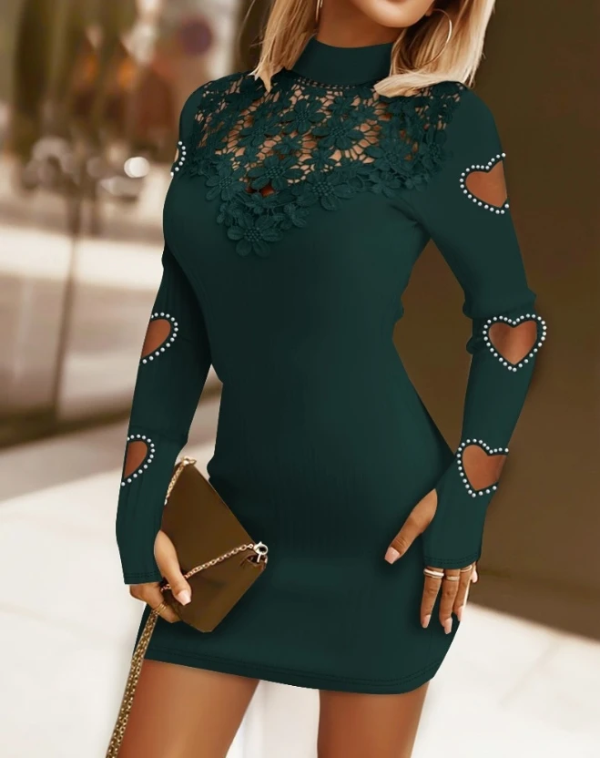 

Women's Dresses 2023 Latest Fashion Casual Mock Neck Long Sleeve Mini Dress 2023 Beaded Hollow Heart Lace Patch Bodycon Dress