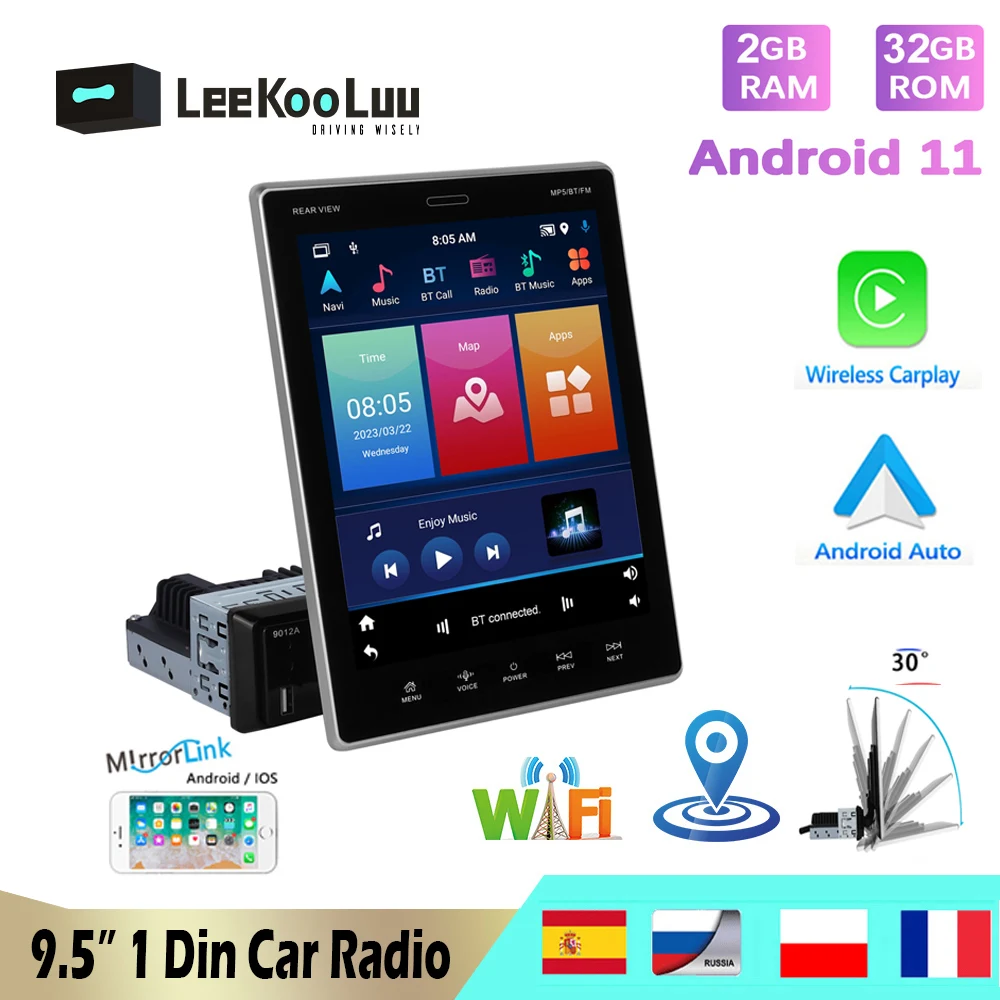 

LeeKooLuu Car Radio GPS Stereo 1 Din Android Auto Carplay Universal 1Din 9.5" Vertical Screen Multimedia Player For Toyota Ford