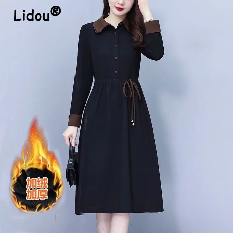 

Women Korean Fashion Contrast Color Lace Up Button Midi Dress Autumn Winter Female Elegant Long Sleeve Slim Plush Thick Dresses