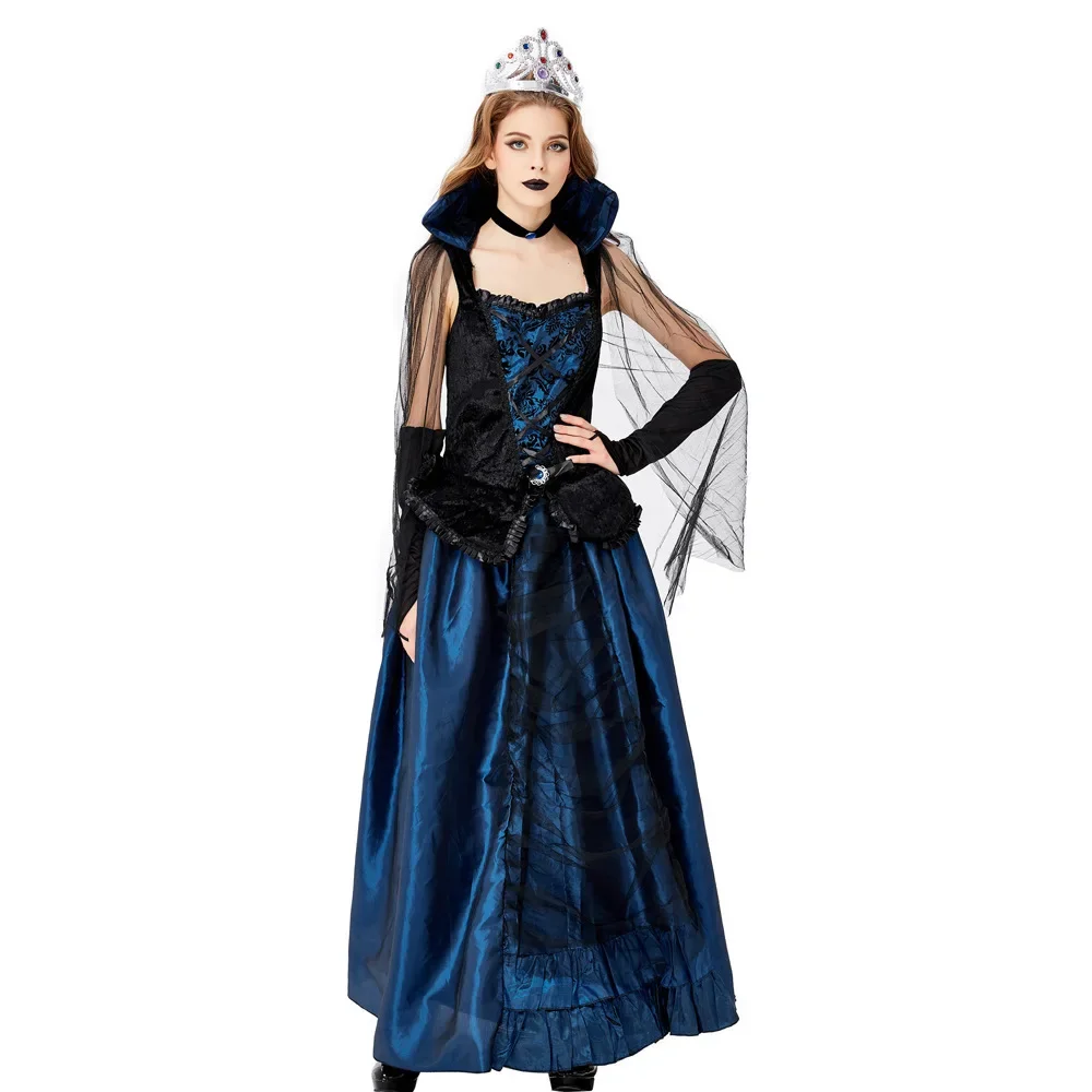 

Adult Women Halloween Court Wizardress Evil Queen Of Vampire Medieval High Stand Collar Blue Gothic Gown Robe Dress For Ladies