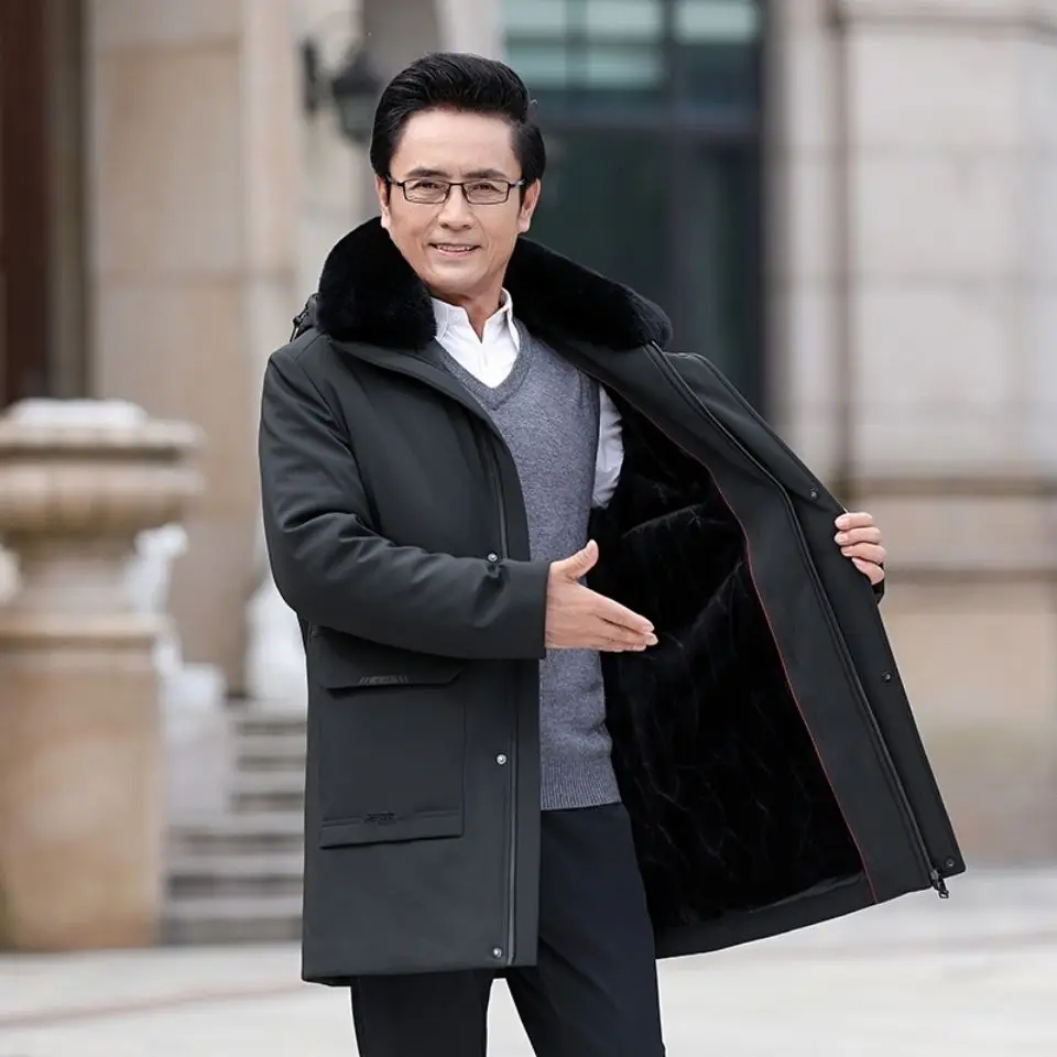 

Winter Cotton Jacket Middle-Aged and Elderly Men Plush Thickened Oversized Detachable Fur Collar Grandpa's Coat A276