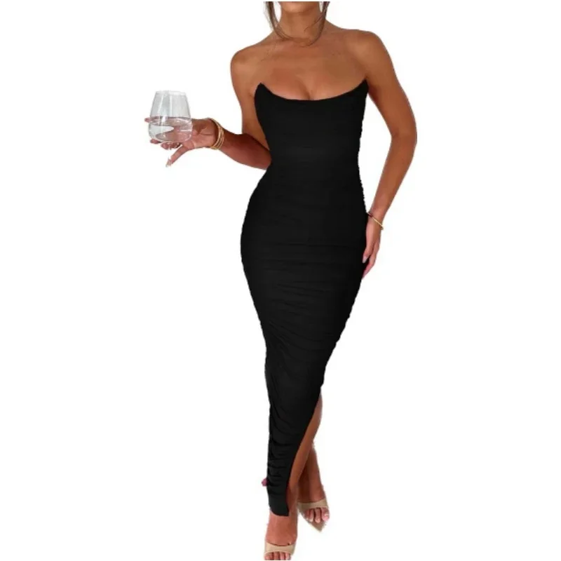 

Strapless Women Long Dress Ruched Irregular Neck High Slit Formal Party Maxi Dress Wedding Guest Tube Dress Sexy Backless Dress