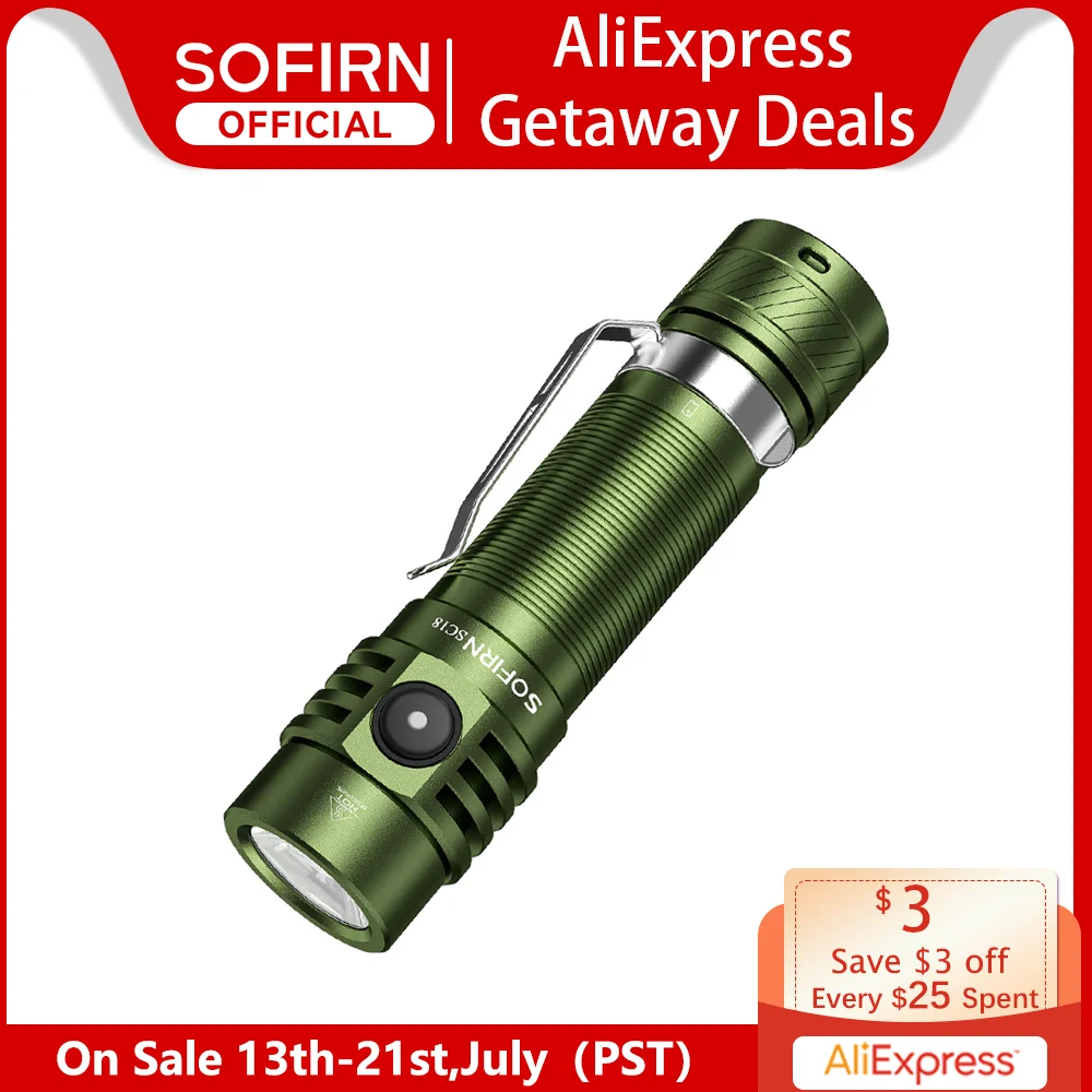 Sofirn SC18 Green EDC Flashlight 1800lm USB C Rechargeable SST40 LED 18650 Torch TIR Optics Lens Lantern with Power indicator
Sofirn SC18 Green EDC Flashlight 1800lm USB C Rechargeable SST40 LED 18650 Torch TIR Optics Lens Lantern with Power indicator