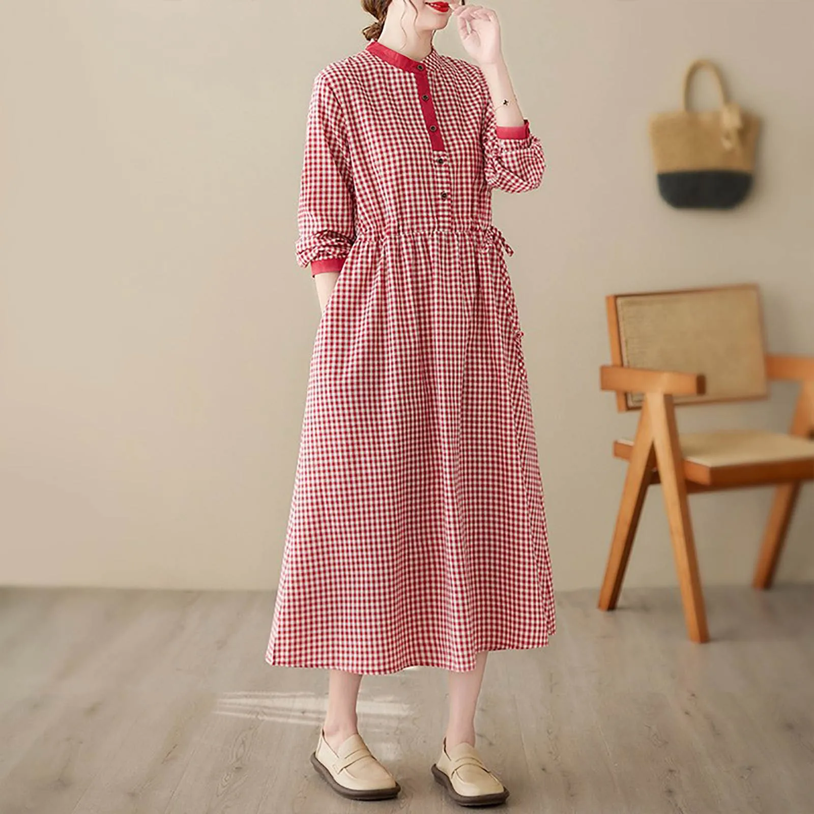 

Женское винтажное платье в клетку, свободное Повседневное платье из хлопка и льна, с длинным рукавом, большие размеры, весна-лето 2024