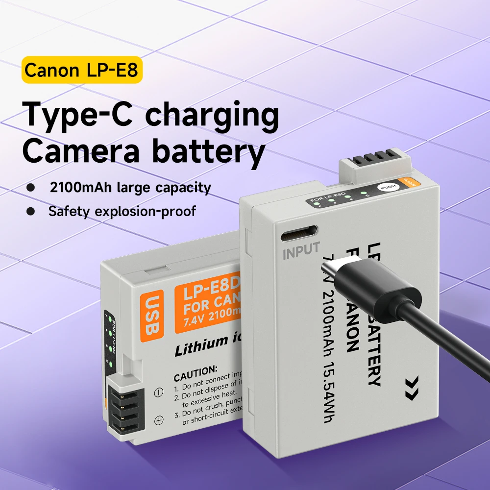 

2100mAh LP-E8 LP E8 LPE8 Type C Charging Camera Battery for Canon EOS 550D 600D 650D 700D Kiss X4 X5 X6i X7i Rebel T2i T3i T4i