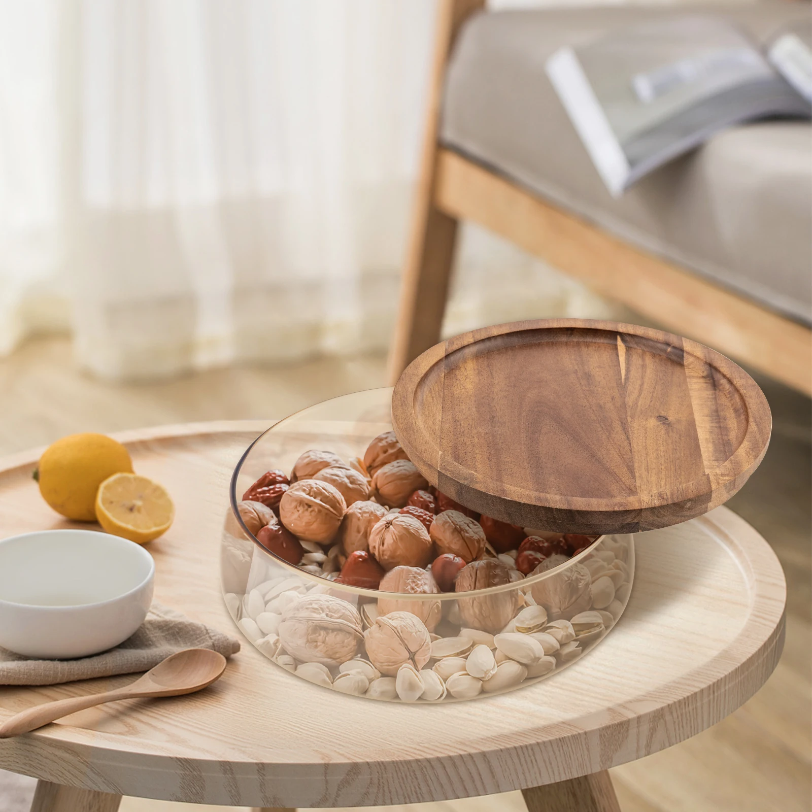 

Glass Candy and Nuts Serving Container with Wooden Lid Round Food Storage Platter Snack Tray Bread Plates Salad Fruit Vegetable