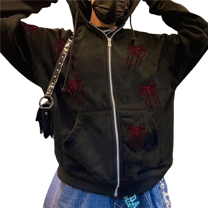 Grunge Black Oversized Zip Up Hoodie Red Rhinestones Spider Web Print Gothic Sweatshirts For Women Y2k Clothes Harajuku Hoodies
Grunge Black Oversized Zip Up Hoodie Red Rhinestones Spider Web Print Gothic Sweatshirts For Women Y2k Clothes Harajuku Hoodies