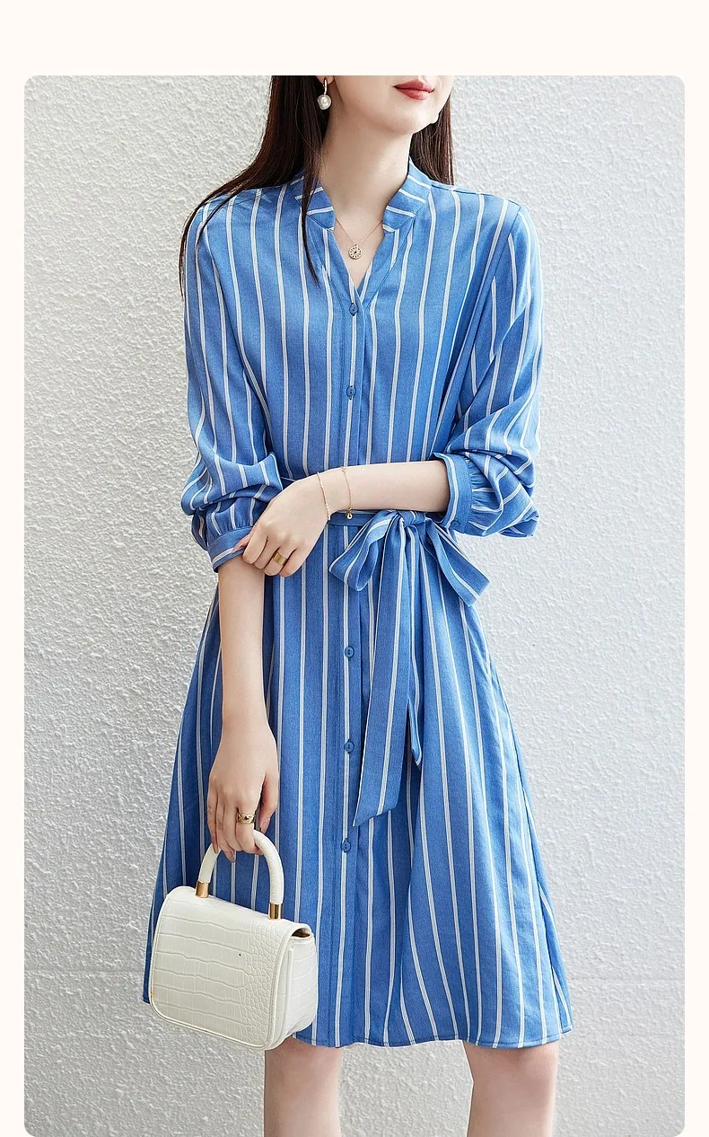 

2023 Spring/Summer Fashion New Women's Clothing Blue Striped V-neck Lace-up Shirt Dress 0814