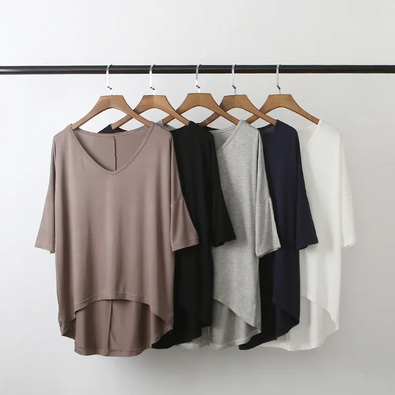 

Summer Tees Bat Sleeve T-shirt Female Casual V Neck Loose T Shirt Oversize Women Modal Loose Undershirt Ladies Tops Tshirt