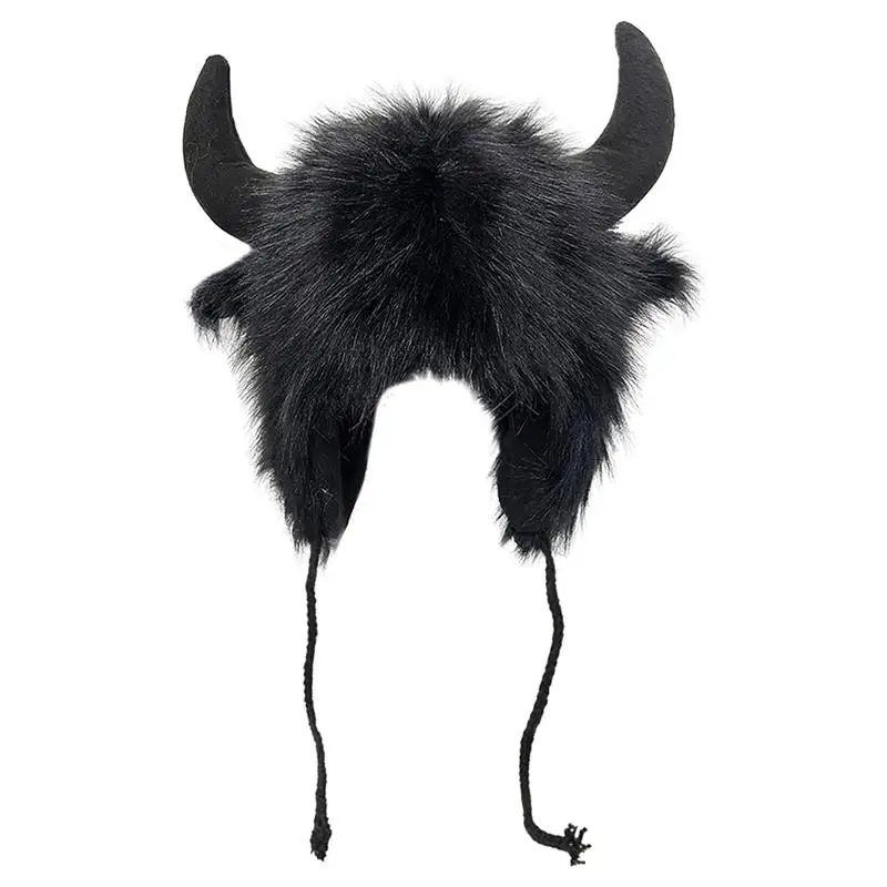 

Women Men Winter Furry Plush Snow Trapper Hat Cute Ox Horns Fluffy Animal Cap With Ear Flap Cosplay Earmuff