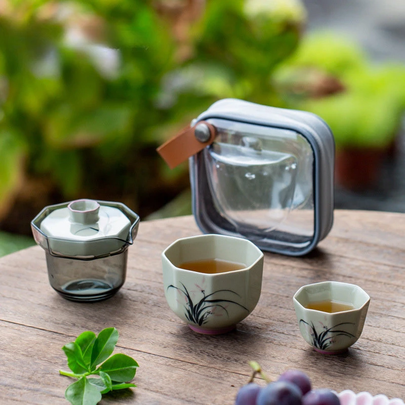 

Plant Ash Hand-painted Ceramic Travel Tea Set Portable One Pot Two Cups Square Edge Cup Travel Tea Set Kung Fu Tea Set