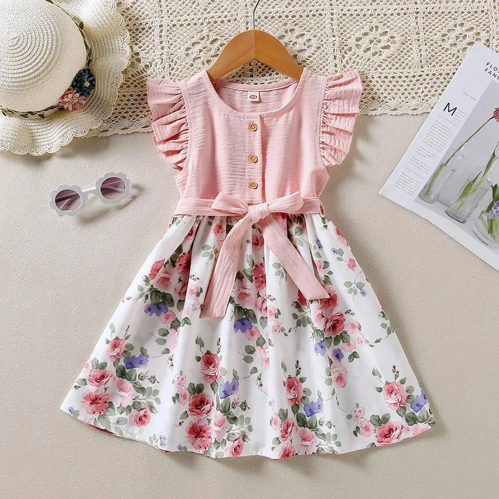 

2023 Summer New Arrival Girls Sleeveless O Neck Ruffles Print Floral Red Roupa Infantil Menina Cute Dress Custume 18M-7T