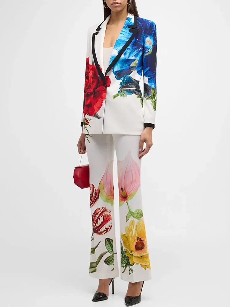 

Женский дизайнерский костюм на одной пуговице, повседневный костюм с цифровым принтом из блейзера и брюк, 2024