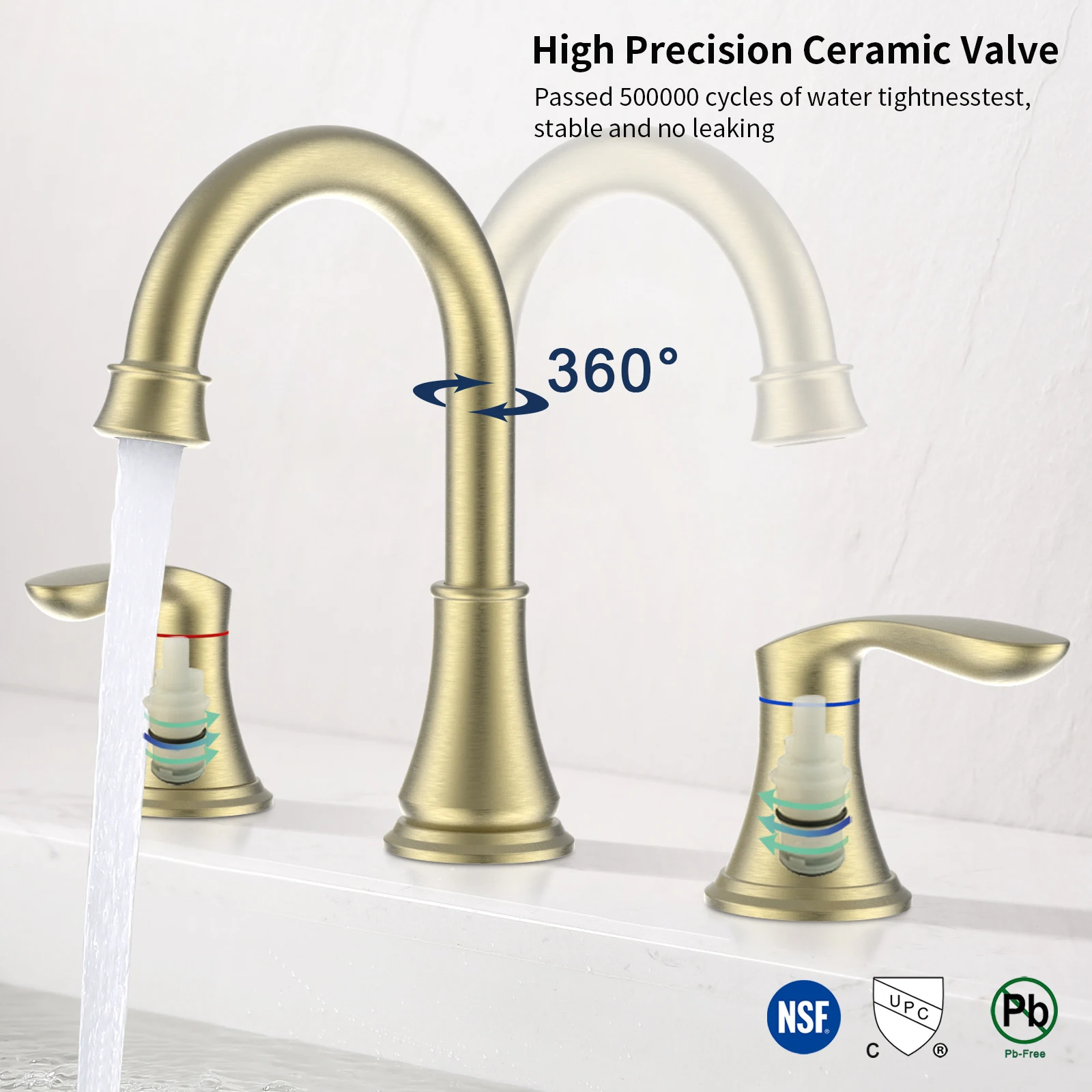 

2-Handle 8 inch Widespread Bathroom Sink Faucet Brushed Gold Lavatory Faucet 3 Hole 360° Swivel Spout Vanity Sink Basin Faucets