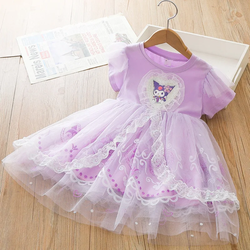 

Лето 2024, платье для маленьких девочек Sanrio, детское милое платье с короткими рукавами, кружевной сетчатый костюм принцессы, яркий костюм, детская одежда, платья