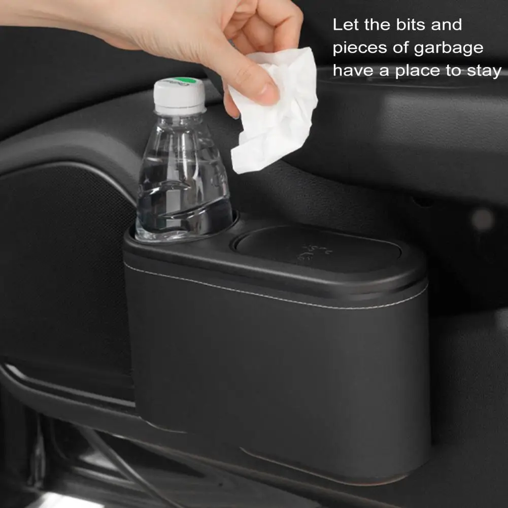 

Car Trash Can Hanging Trash Bin Leather ABS Pressing Hard Garbage Box Universal Rear Row Organizer with Drink Holder