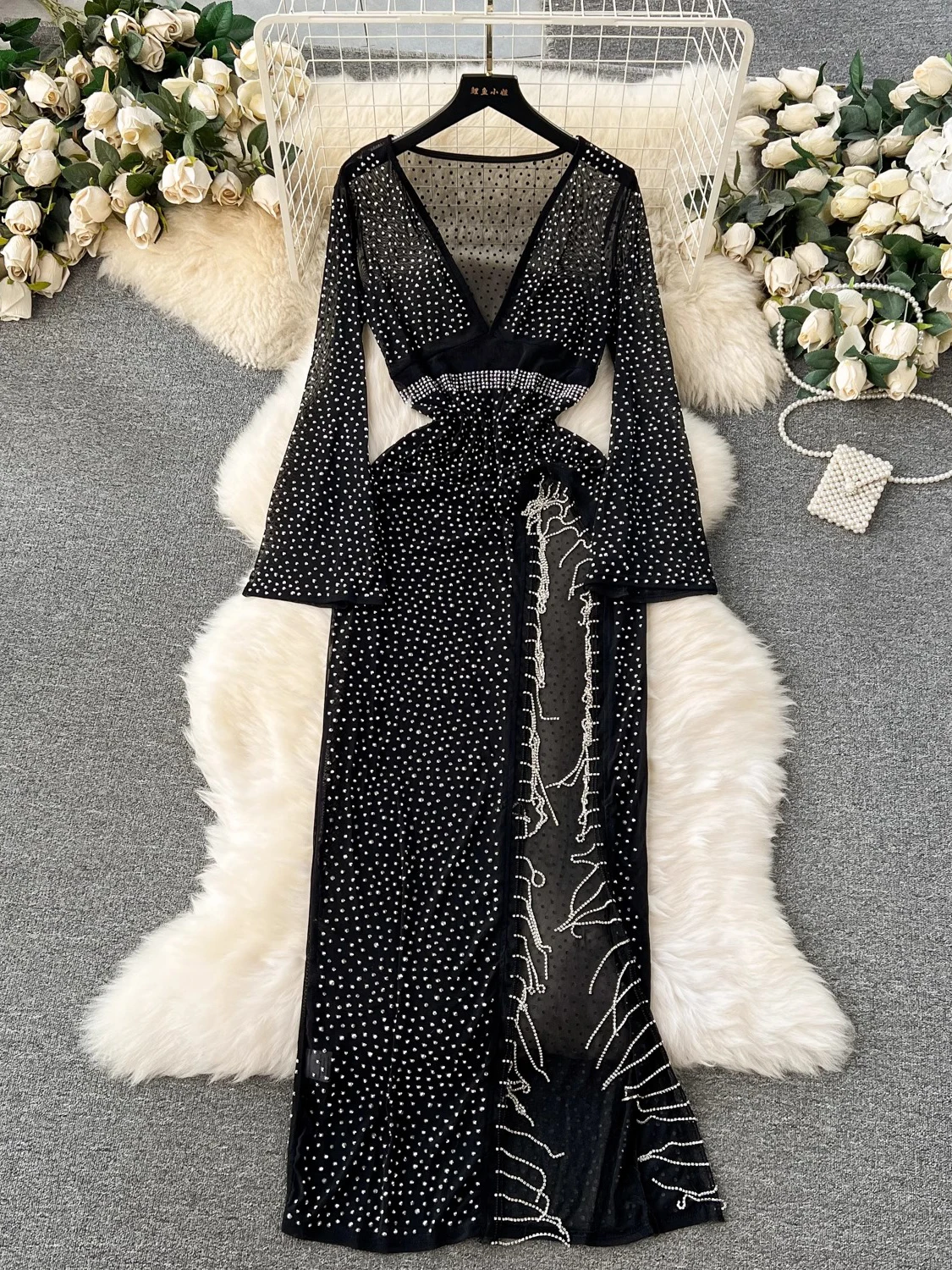 

Женское Прозрачное платье макси, черное пляжное длинное платье с бахромой и бриллиантами, элегантное платье с V-образным вырезом, новинка весны-лета 2024
