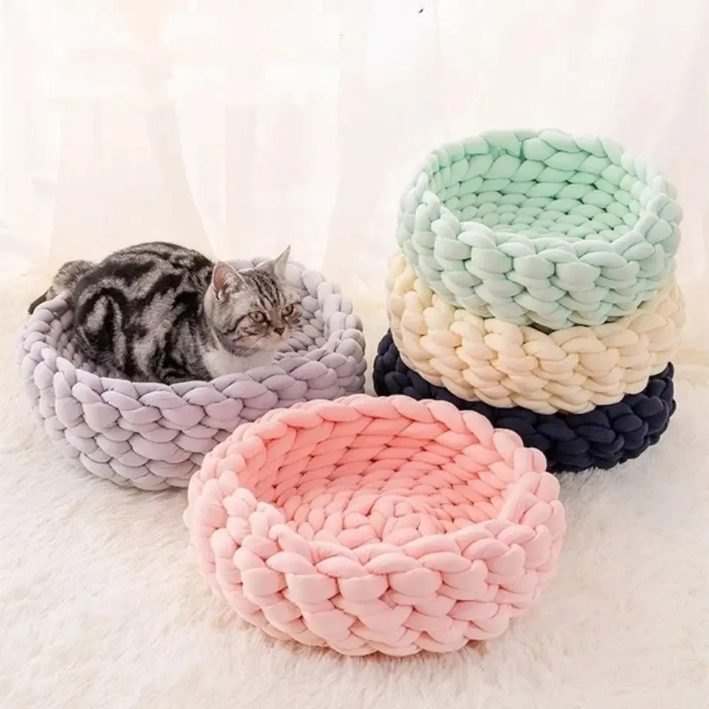 

Chunky Yarns Cats Bed Carpet Soft Warm Kitten Cave Basket Washable Round Puppy Cushion Pet Supplies
