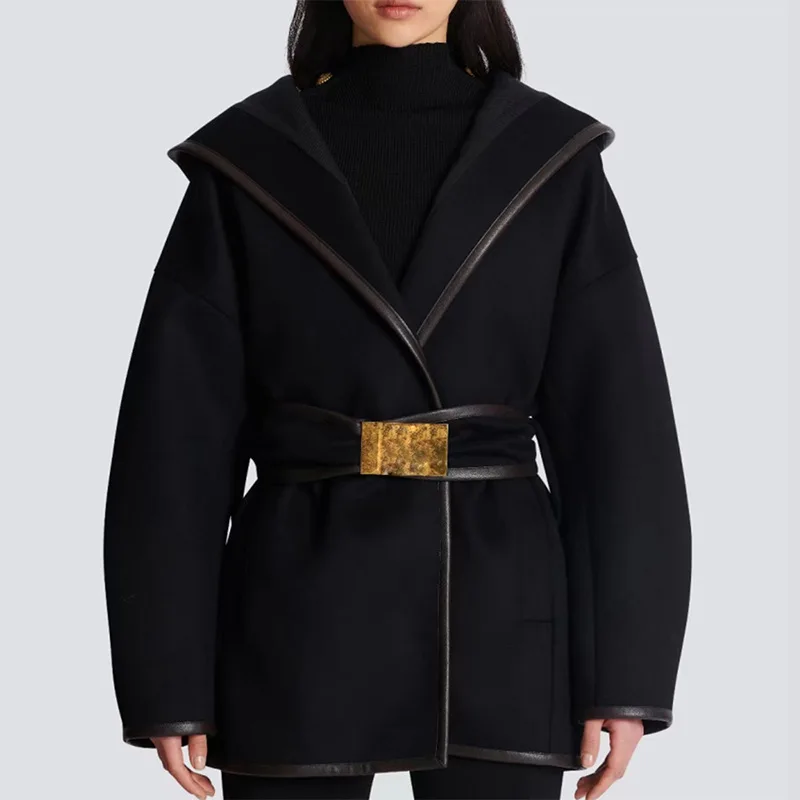 

Batwing Sleeve Belted Hooded Wool Blends Coat for Women, Designer Jacket High Quality Newest Fashion 2024 Spring Jacket