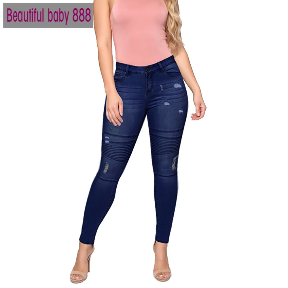 

Meqeiss Skinny Jeans Women Moto Biker Cotton Denim Pants Anker Length Pencil Pants Casual Trousers Blue Stretchy Ripped Jeans