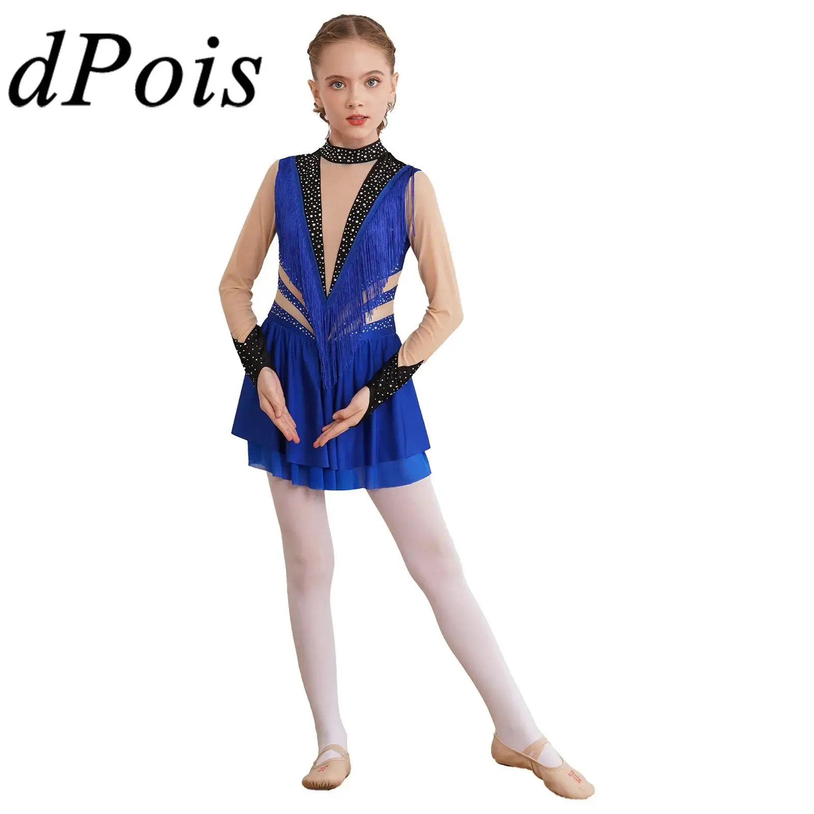 

Kids Girls Long Sleeve Fringed Dance Leotard Dresses for Dancing Competition Costume Rhinestone Sheer Mesh Figure Skating Dress