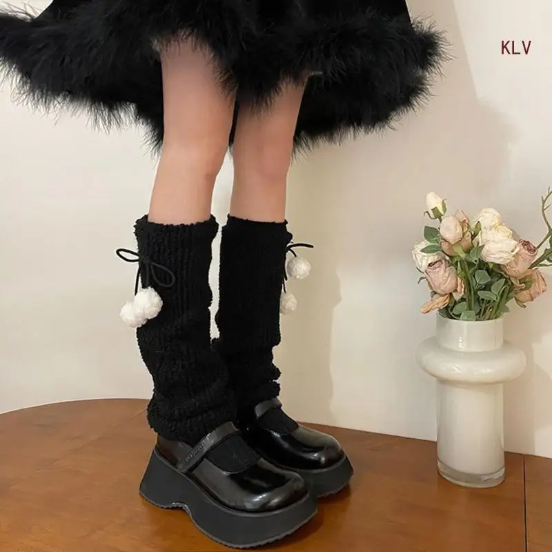 

Plush Ball Leg Warmers Women Lolitas Leg Warmer Knit Long Socks Harajuku Bows Lace Up Leg Cover Middle Tube Stocking