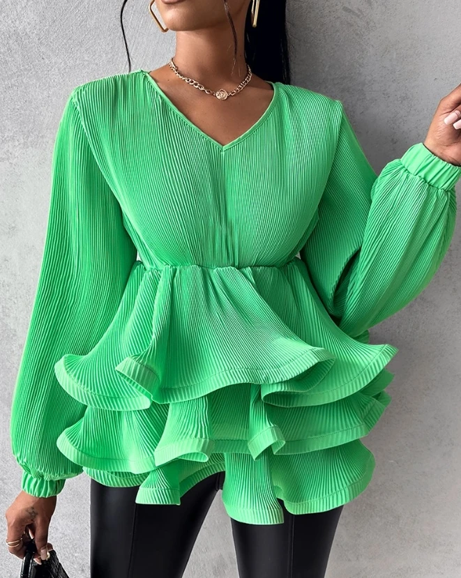 

Fashion Spring Long Sleeve Top for Women V-Neck Layered Ruffle Hem Blouses Top Casual Loose Lantern Sleeve Solid Color Shirt Top