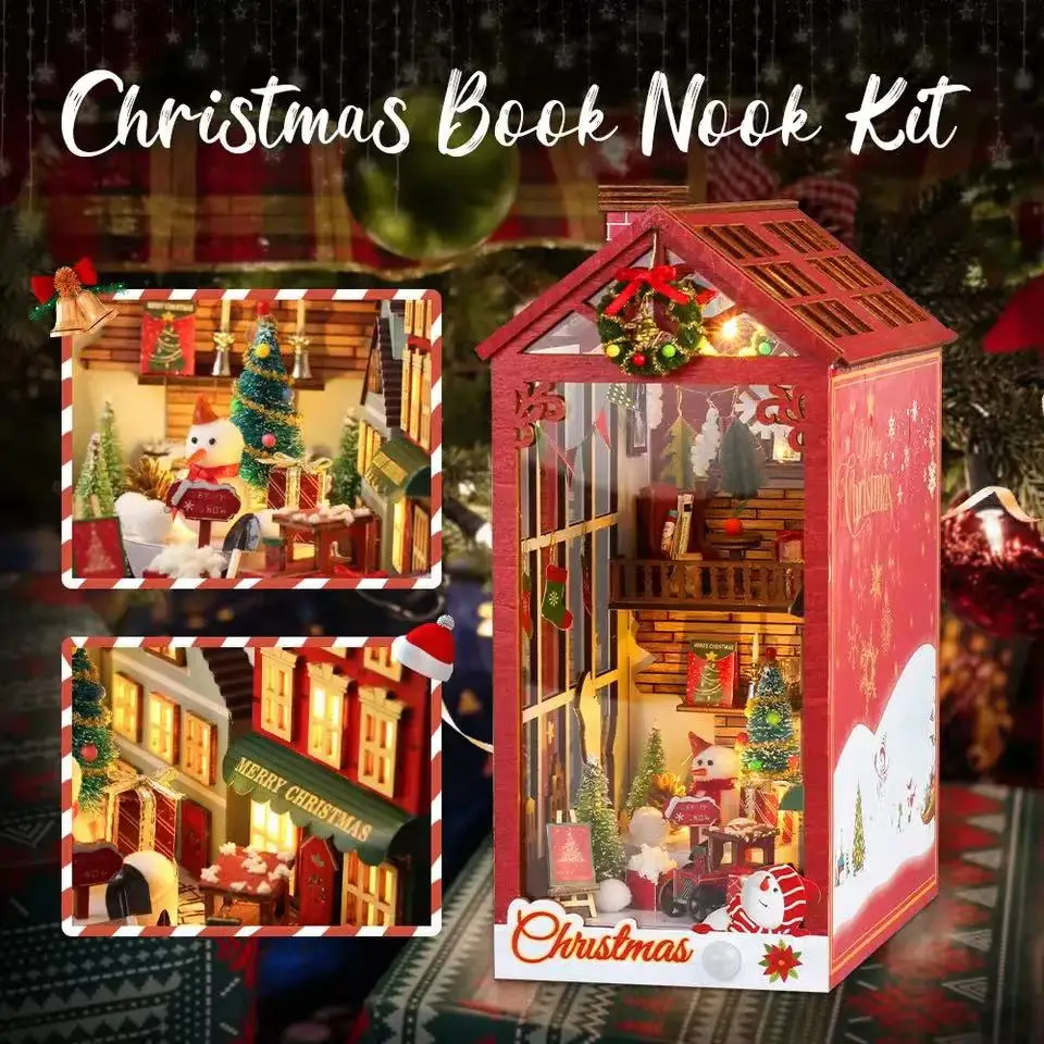 

DIY Christmas Book Nook 3D Wooden Dollhouse Bookshelf Insert Miniature Kits Santa Claus Bookend Home Decor Kids Christmas Gifts