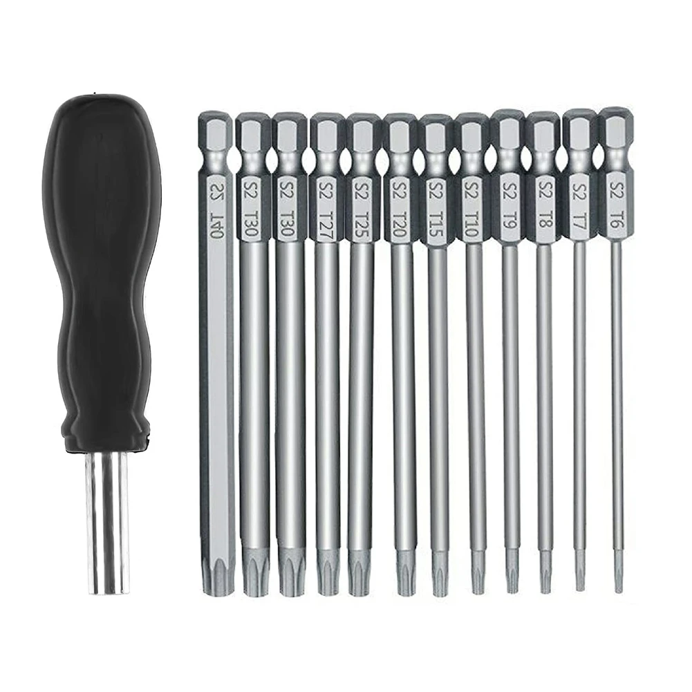 13Pcs 100mm Torx Long Screwdriver Bits Set, Magnetic Torx Bit Set T6-T40, 1/4 Inch Hex Shank Electric Screwdriver Tools
13Pcs 100mm Torx Long Screwdriver Bits Set, Magnetic Torx Bit Set T6-T40, 1/4 Inch Hex Shank Electric Screwdriver Tools