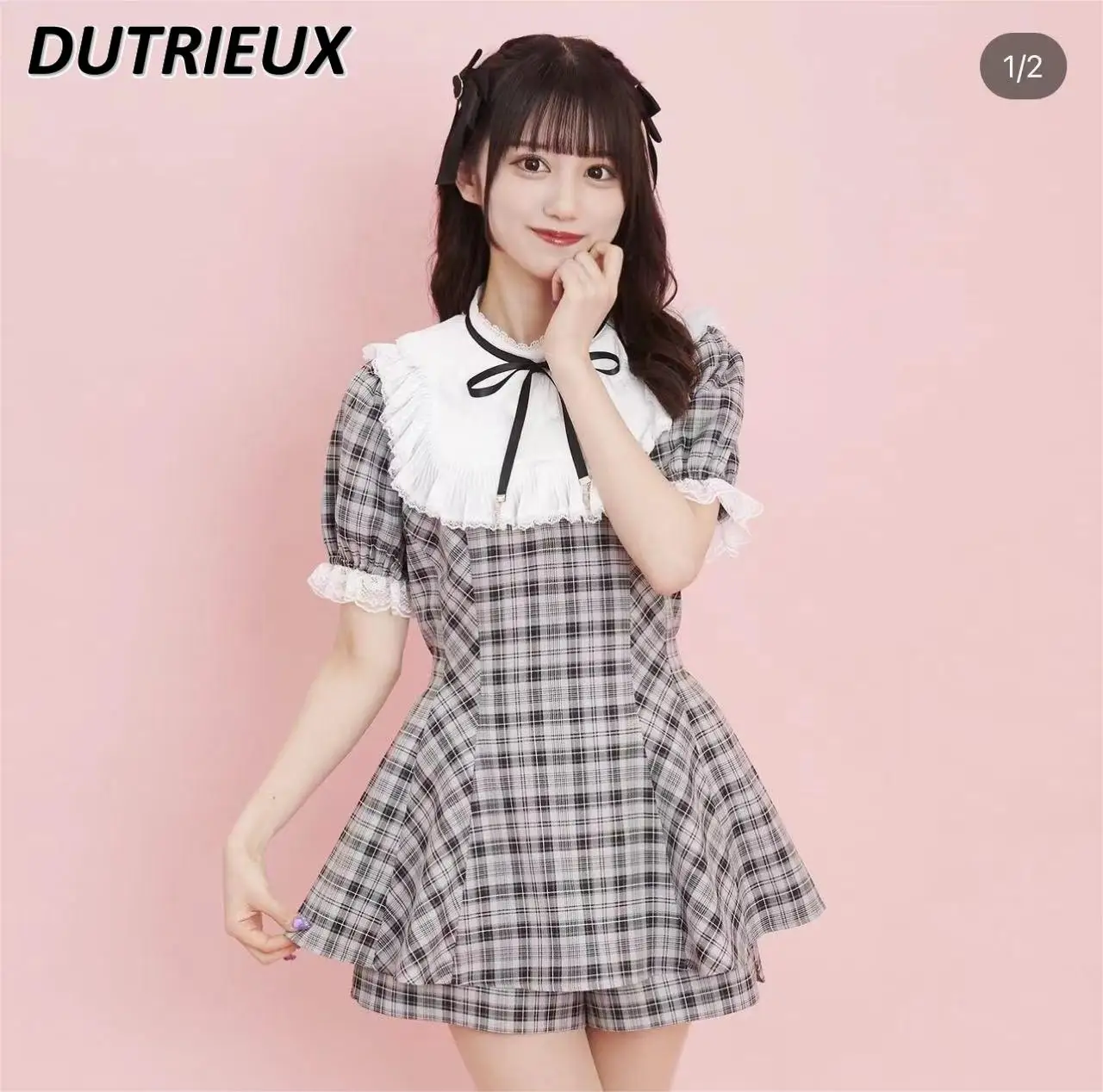 Japanese Style New Stand-up Collar Tie Waist Trimming Shirt Plaid Short-Sleeved Top and Shorts Suit 2 Piece Sets Womens Outfits
Japanese Style New Stand-up Collar Tie Waist Trimming Shirt Plaid Short-Sleeved Top and Shorts Suit 2 Piece Sets Womens Outfits