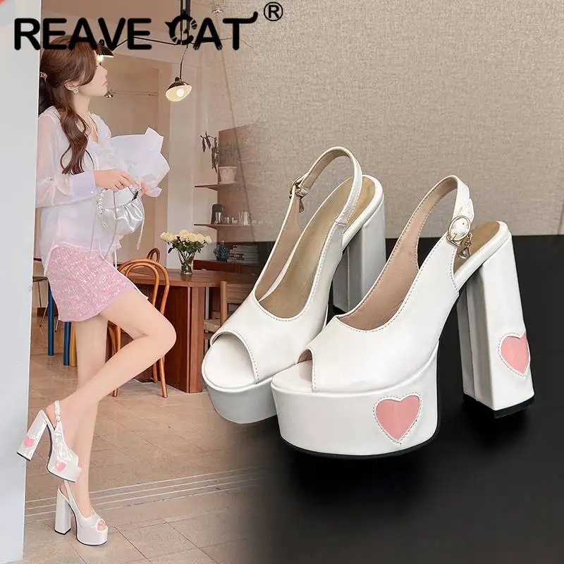

REAVE CAT Women Sandals Peep Toe Ultrahigh Heel 14.5cm Platform 4.5cm Back Buckle Strap Heart Sexy Party Shoes Big Size 41 42 43
