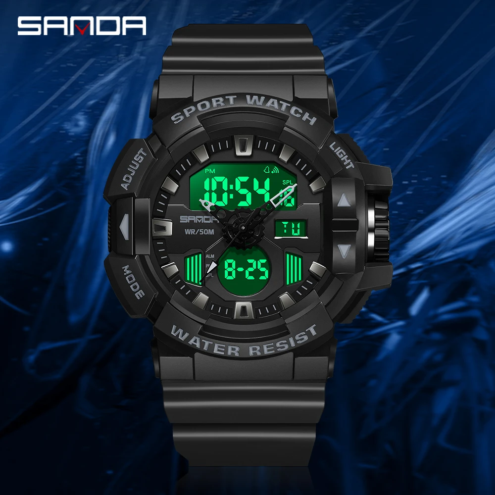 

2023 New Men's Watches Dual Display Watch 50M Waterproof Sports Military Quartz Wristwatch Clock Relogio Masculino SANDA 3129