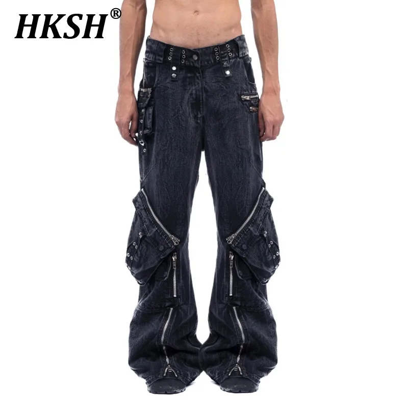 

HKSH Men's Niche Design New Retro Moss Green Loose Pocket Denim Pants Tide Dark Safari Style Fashion Heavy Industry Jeans HK0128