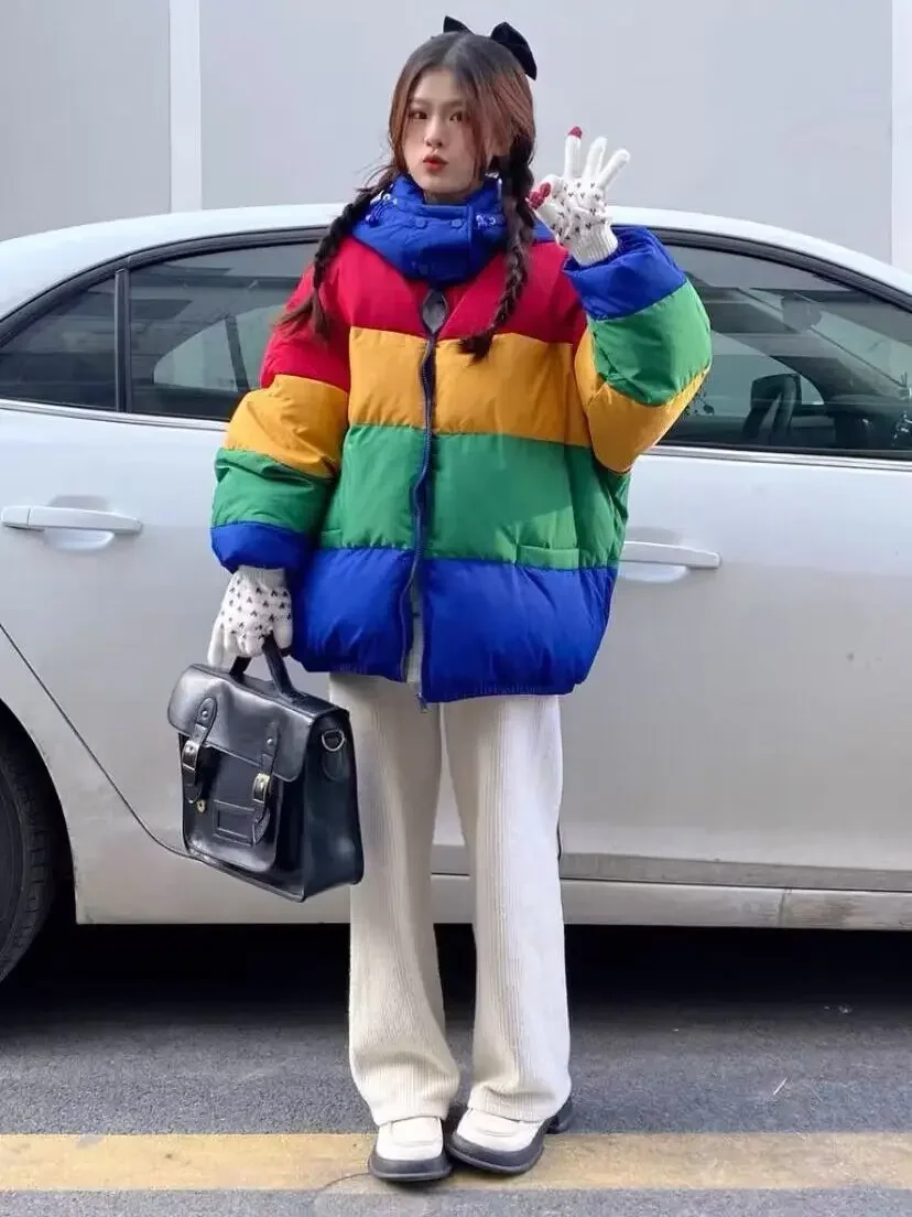 

Women Rainbow Colorblock Striped Quilted Puffer Jacket Hooded Outerwear Coats Zipper Bubble Coat with Pockets Loose Warm Outfit
