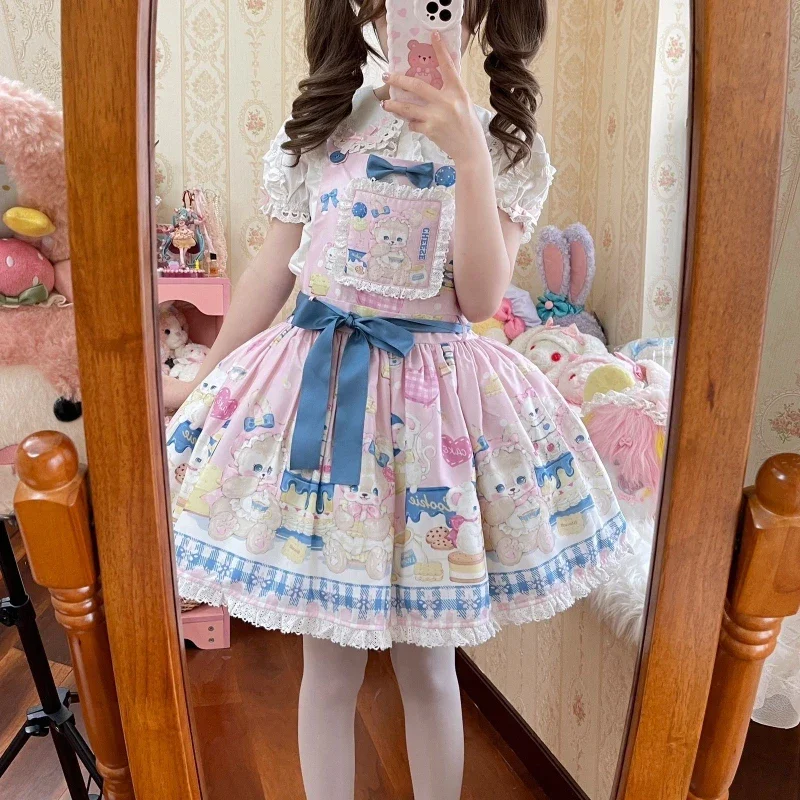 

Японское милое платье Jsk в стиле "Лолита", женские платья принцессы без рукавов с милым мультяшным принтом и бантом, милое готическое мини-платье в стиле Y2 K