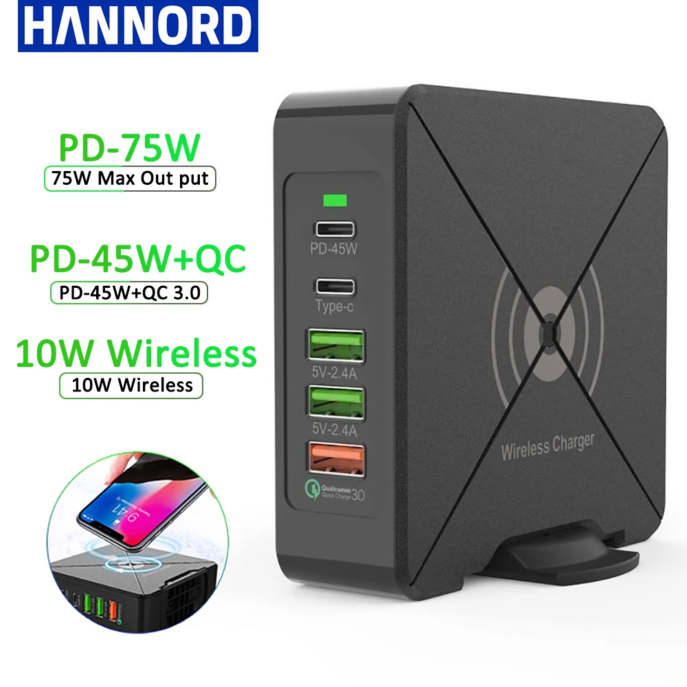 

75W 5 Port PD USB Charger Dock Station Type C Wireless Charger Fast Charger for iPhone 12 QC 3.0 Quick Wall Chargers Desktop Hub