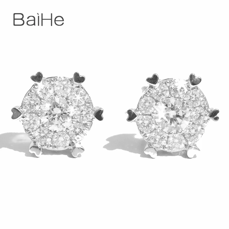 

BAIHE Real Solid 14K White Gold H/SI natural Diamond Round Stud Earrings Women Wedding Trendy Fine Jewelry aretes серьги сережки