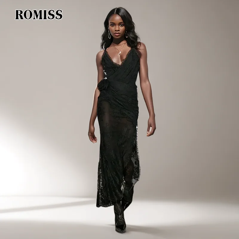 

ROMISS Solid Patchwork Appliques Camisole Dresses For Women V Neck Sleeveless High Waist Spliced Lace Slimming Long Dress Female