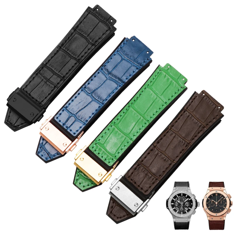 

Leather Watchband With Alternative Hublot Big Bang Series Male Interface Fused Cowhide Silicone Watch Strap With 25mm.