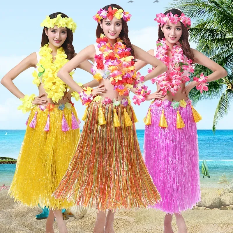 

Hawaiian Grass Hula Skirt Costume Set Necklace Garland Bracelet Bikini Top for Women Tropical Luau Party Decoration 80cm