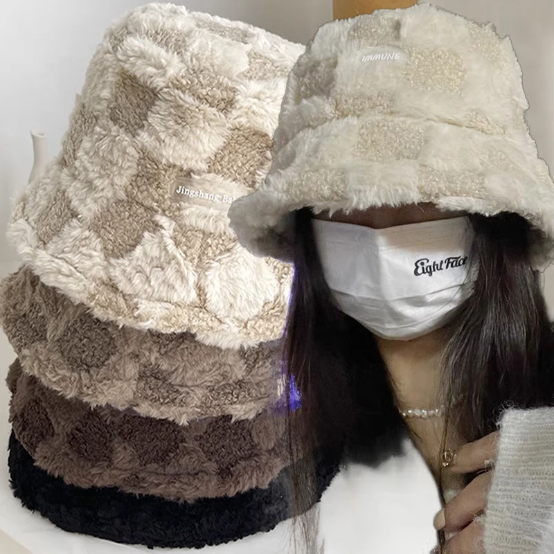 

Утолщенная плюшевая шляпа рыбака из ягненка, модная женская шапка-ведро из берберского флиса в клетку, зимняя шапка с защитой от холода, теплая уличная шапка с широкими полями