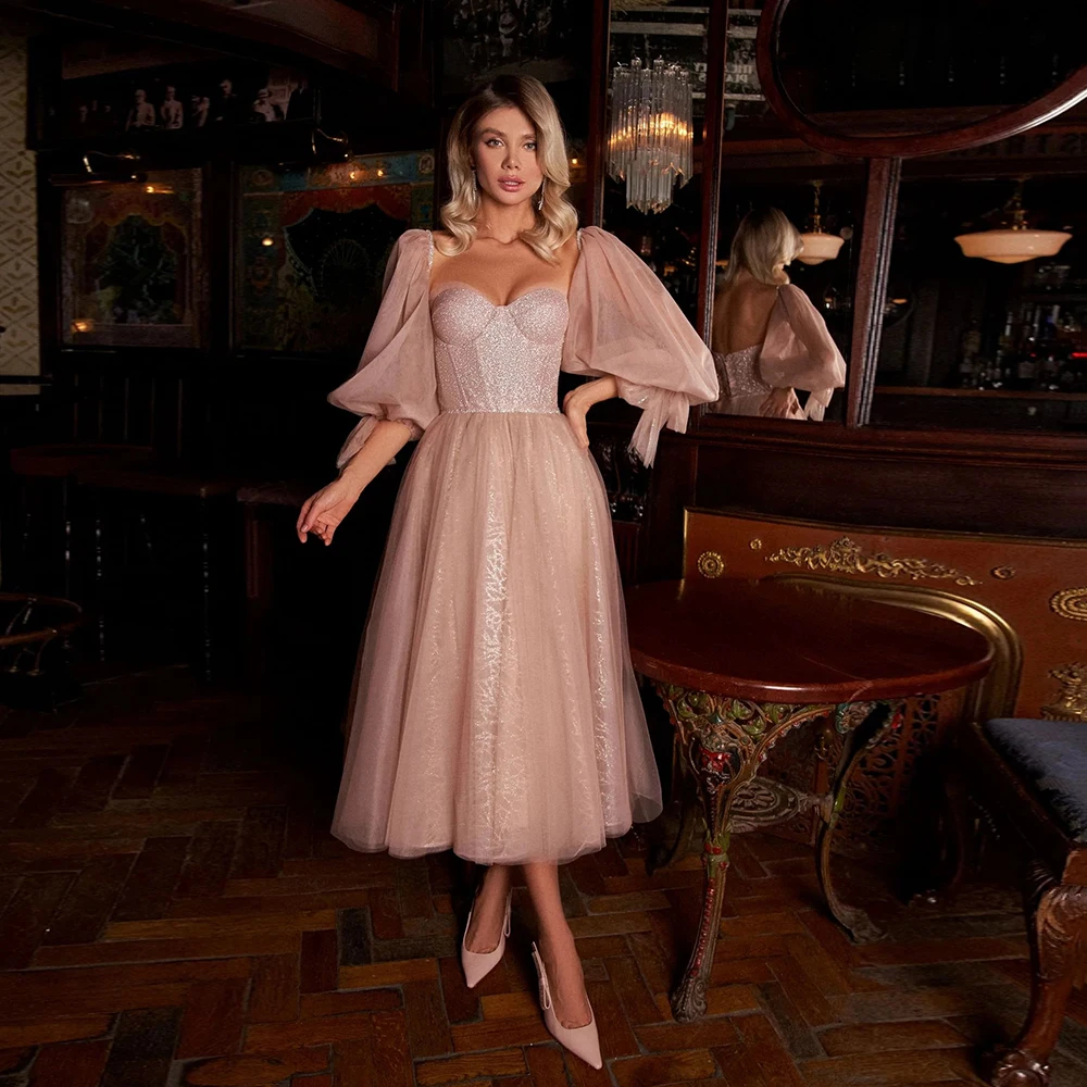 Glitter Sweetheart A-Line Prom Gown Backless Tea-Length Long Sleeve Lace Tulle Pink Graduation Party Dress obes de soirée
Glitter Sweetheart A-Line Prom Gown Backless Tea-Length Long Sleeve Lace Tulle Pink Graduation Party Dress obes de soirée
