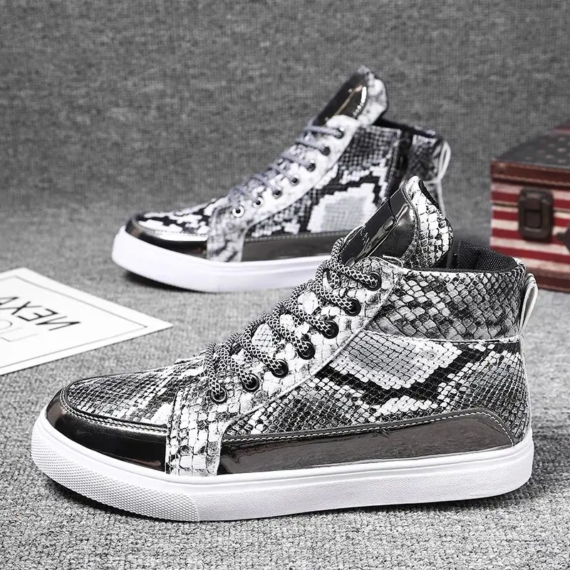 

New Design Silver Men High Top Sneakers Fashion Snake Leather Men Vulcanized Shoes Comfortable Anti-slip Men Skateboarding Shoes