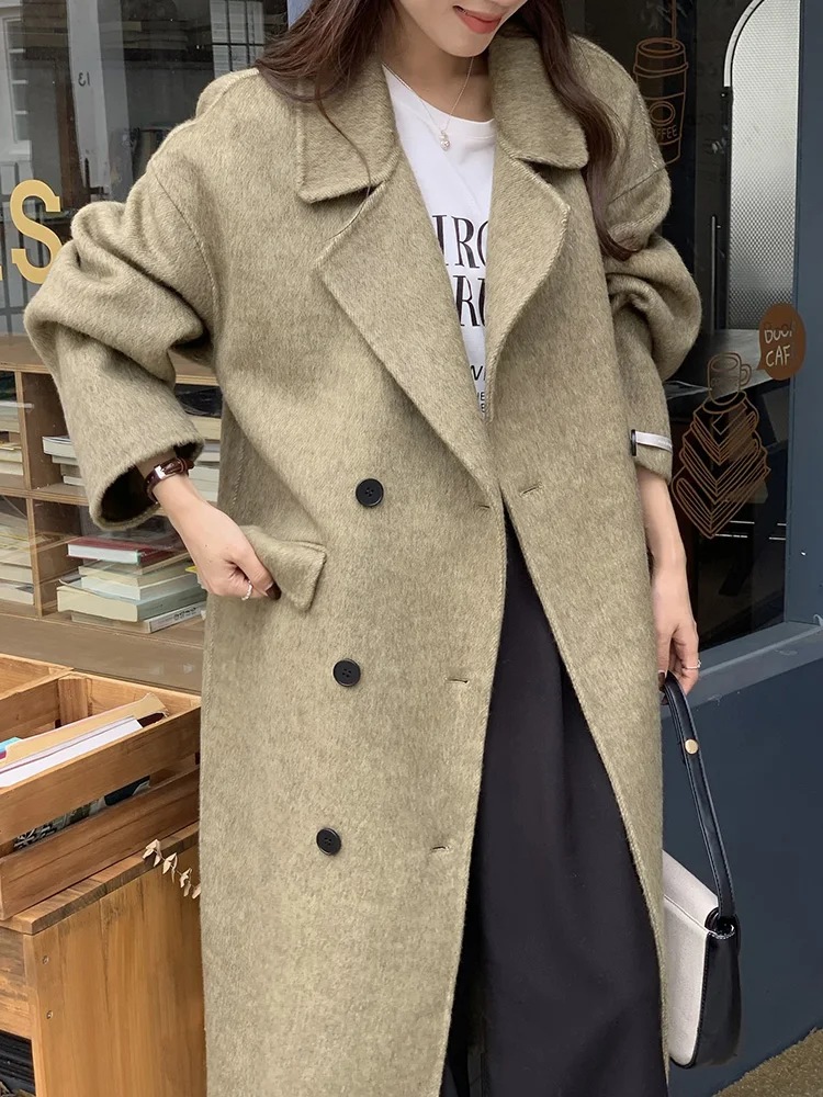 

Autumn Winter New Double-sided Cashmere Wool Coat Long Hand-sewn Loose Straight Tube Thick Lapel Woolen Coats Female Overcoat