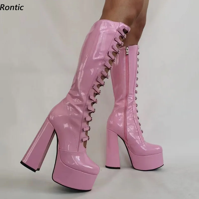 

Rontic Women Platform Knee Boots Patent Leather Side Zipper Chunky Heels Round Toe Gorgeous Pink Yellow Party Shoes US Size 5-15